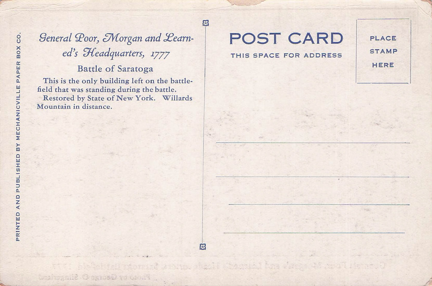 1777 Vintage Post Card - Saratoga Battlefield - Gen Poor, Morgan's Headqtr