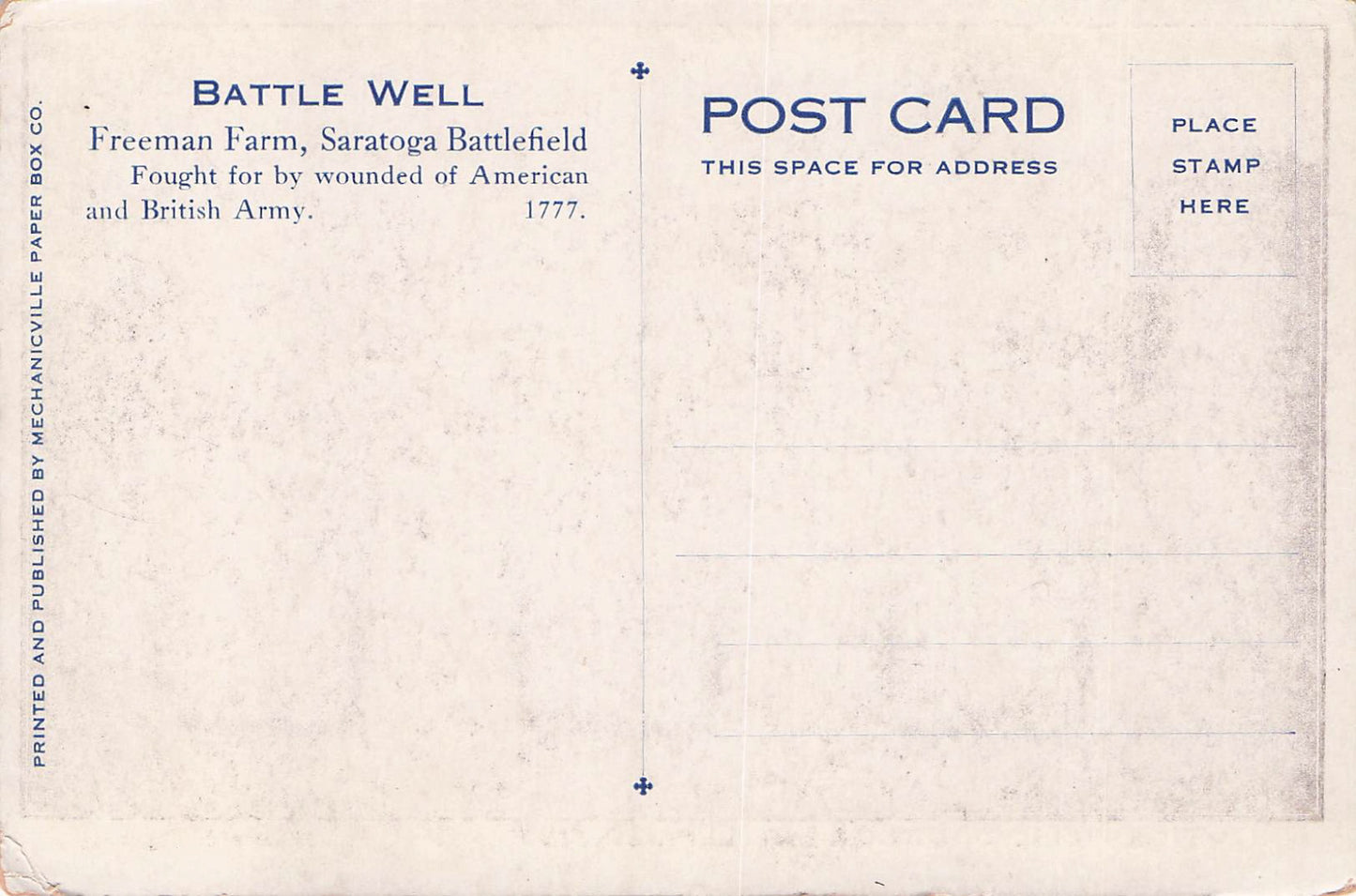 1777 Vintage Post Card - Saratoga Battlefield - Battle Well